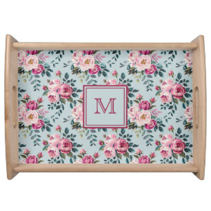 Grandmillennial Dusty Rose Floral Custom Monogram Serving Tray