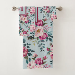 Grandmillennial Dusty Rose Floral Custon Monogram Bath Towel Set