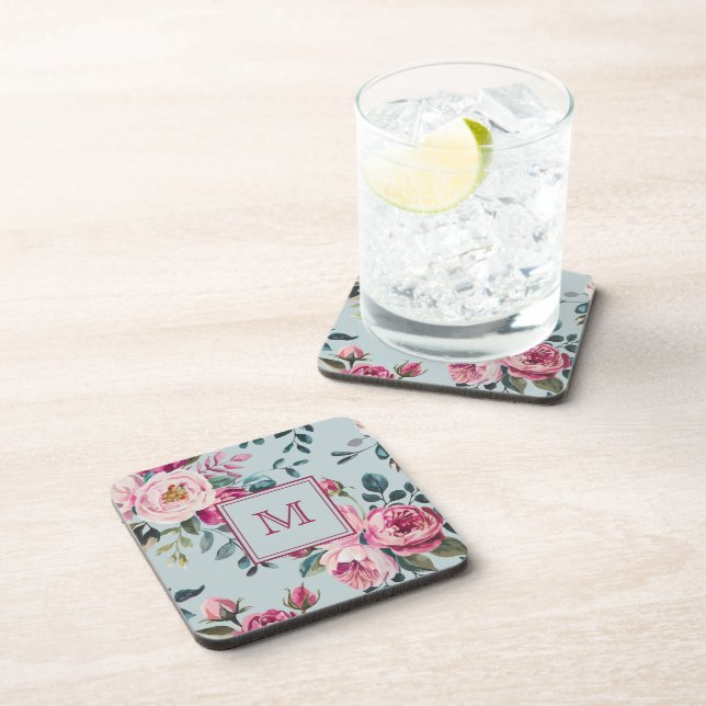 Grandmillennial Dusty Rose Floral Custon Monogram Beverage Coaster (Right Side)