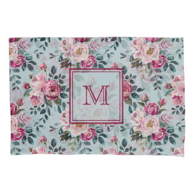 Grandmillennial Dusty Rose Floral Custon Monogram Pillow Case (Front)
