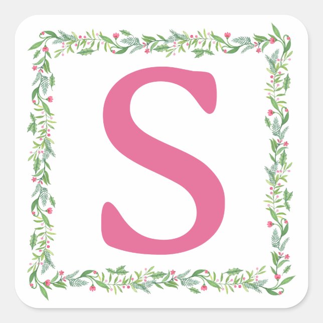 Grandmillennial Evergreen Swag | Monogram Square Sticker (Front)