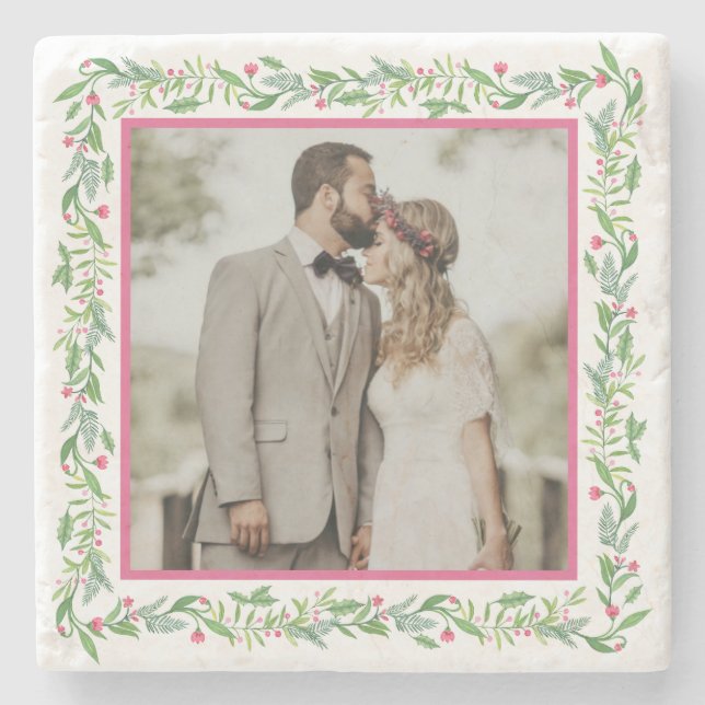 Grandmillennial Evergreen Swag | Photo Stone Coaster (Front)