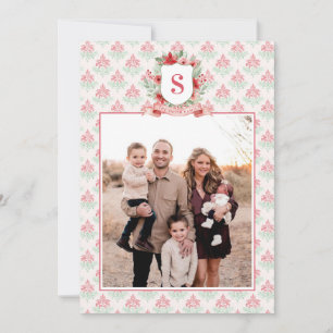 Grandmillennial Floral Crest Christmas Monogram Holiday Card