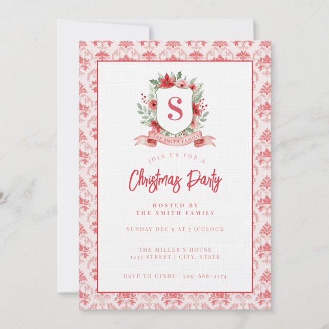 Grandmillennial Floral Crest | Christmas Monogram Invitation (Front)