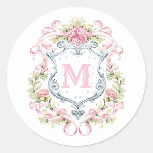 Grandmillennial Floral Crest Monogram  Bridal  Classic Round Sticker
