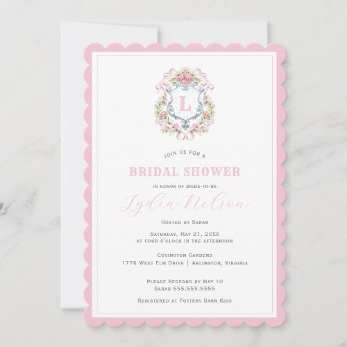 Grandmillennial Floral Crest Monogram  Bridal  Invitation