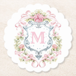 Grandmillennial Floral Crest Monogram Bridal Paper Coaster
