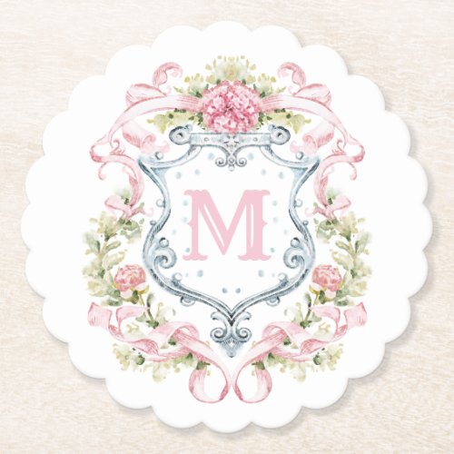 Grandmillennial Floral Crest Monogram  Bridal  Paper Coaster