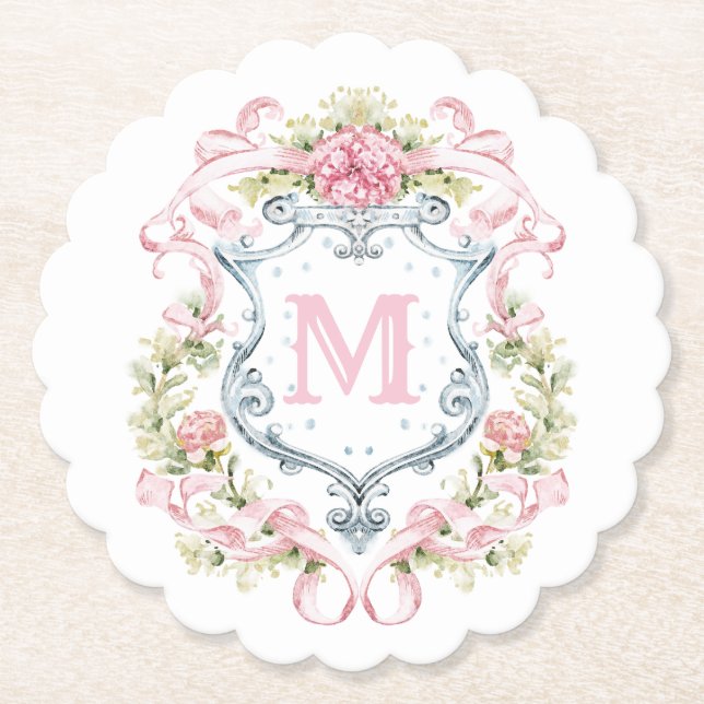 Grandmillennial Floral Crest Monogram | Bridal  Paper Coaster (Front)