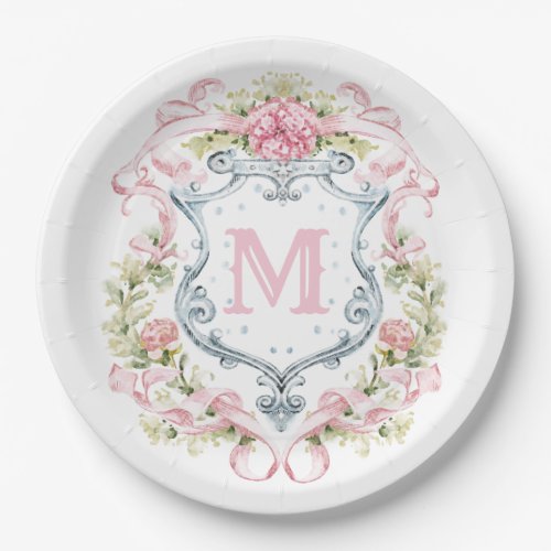Grandmillennial Floral Crest Monogram  Bridal  Paper Plates