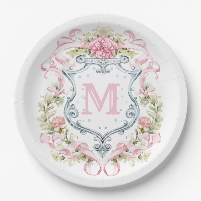 Grandmillennial Floral Crest Monogram | Bridal  Paper Plates (Front)