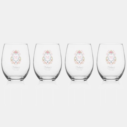 Grandmillennial Floral Crest Monogram  Bridal  Stemless Wine Glass