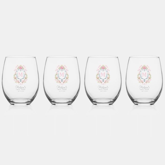 Grandmillennial Floral Crest Monogram | Bridal  Stemless Wine Glass (Front)