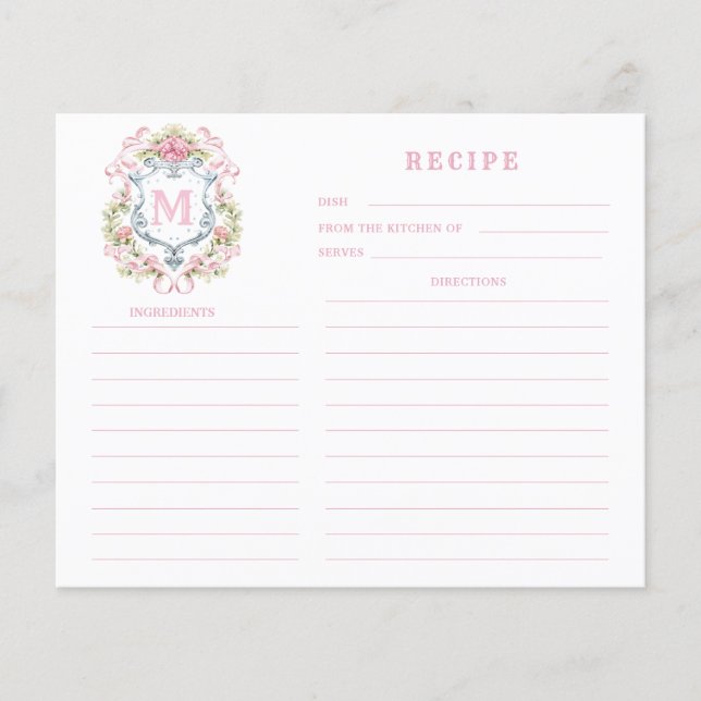 Grandmillennial Floral Crest Monogram  Recipe Card (Front)