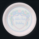 Grandmillennial Floral Gingham Preppy Birthday Paper Plates<br><div class="desc">Grandmillennial preppy balloon. Customizable birthday ballons. Watercolor crest</div>