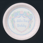 Grandmillennial Floral Gingham Preppy Birthday Paper Plates<br><div class="desc">Grandmillennial preppy balloon. Customizable birthday ballons. Watercolor crest</div>