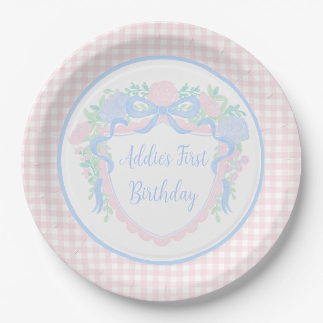 Grandmillennial Floral Gingham Preppy Birthday Paper Plates (Front)