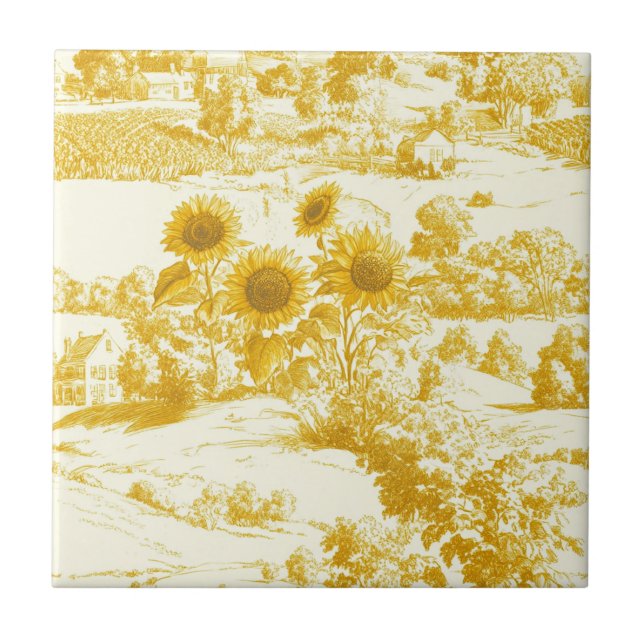 Grandmillennial Gold Sunflower Toile Pattern Ceramic Tile (Front)