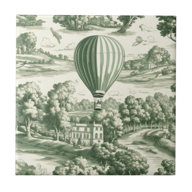 Grandmillennial Green French Toile Scenic Pattern Ceramic Tile (Front)