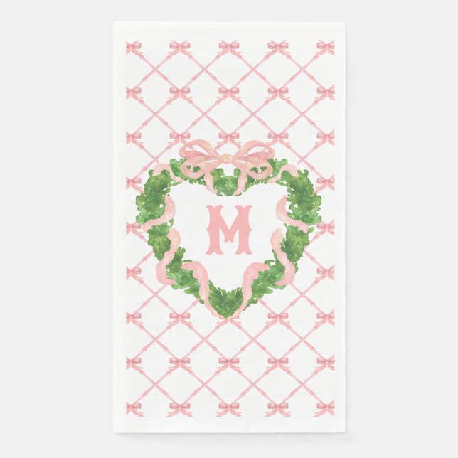 Grandmillennial Heart Wreath Monogram  Paper Guest Towels (Front)