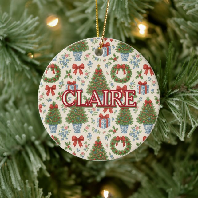 Grandmillennial Holiday Classic Elegant Bow Ceramic Ornament (Tree)