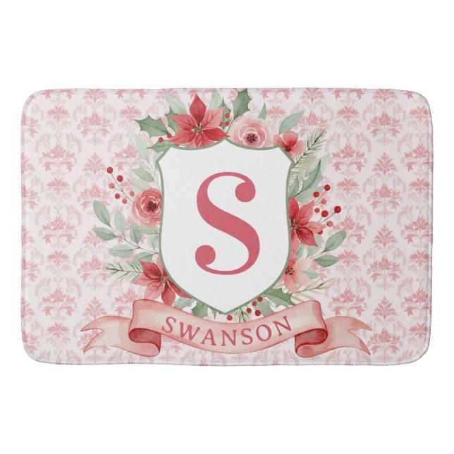 Grandmillennial Holiday Crest | Christmas Monogram Bath Mat (Front)