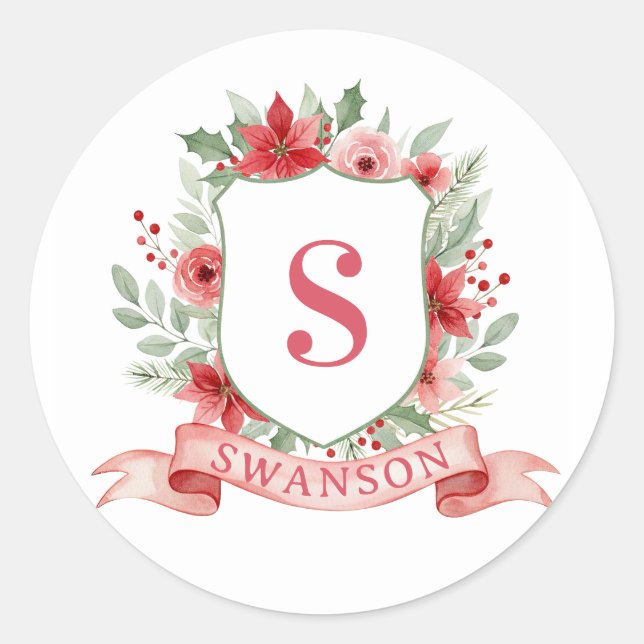 Grandmillennial Holiday Crest | Christmas Monogram Classic Round Sticker (Front)