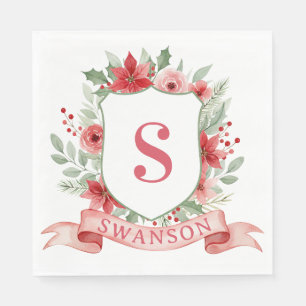 Grandmillennial Holiday Crest Christmas Monogram Napkins