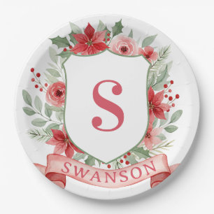 Grandmillennial Holiday Crest Christmas Monogram Paper Plates