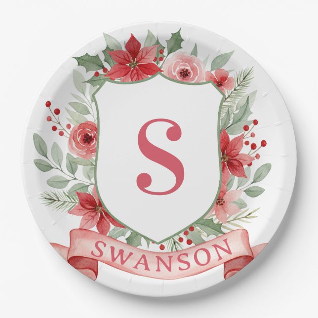 Grandmillennial Holiday Crest | Christmas Monogram Paper Plates (Front)