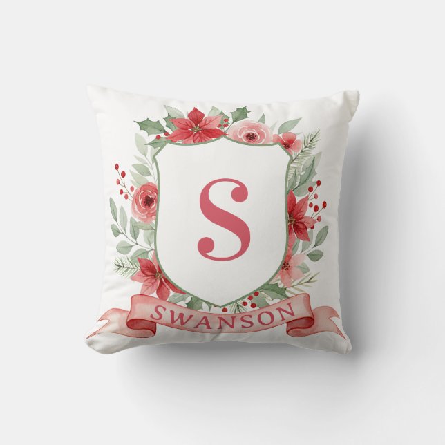 Grandmillennial Holiday Crest | Christmas Monogram Throw Pillow (Front)