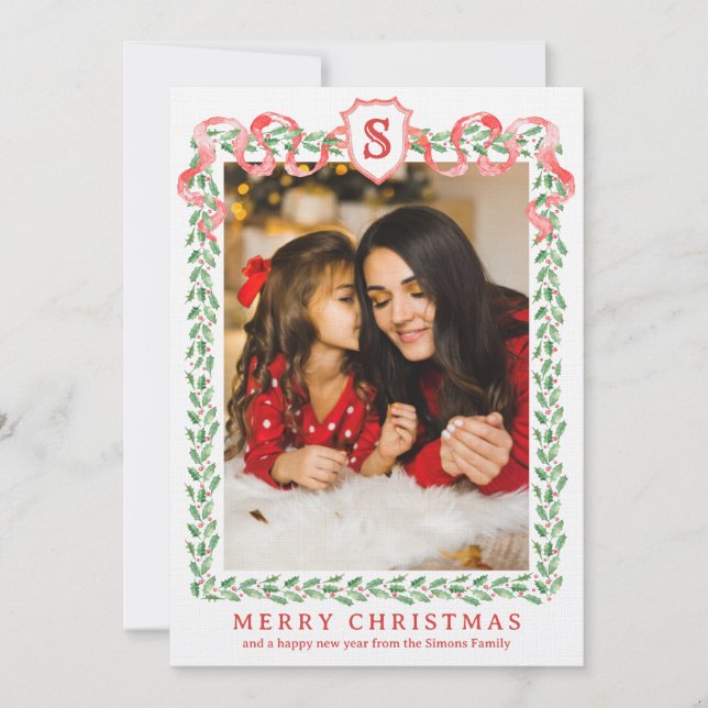 Grandmillennial Holly Christmas Monogram Card (Front)