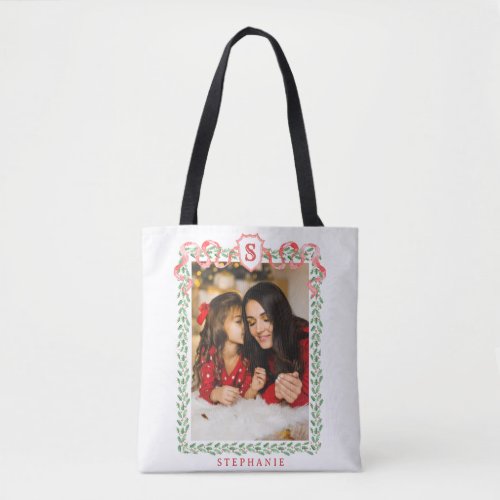 Grandmillennial Holly Christmas Monogram Tote Bag