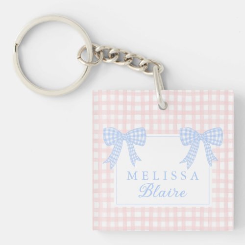 Grandmillennial Keychain Double Gingham Blue Bows 