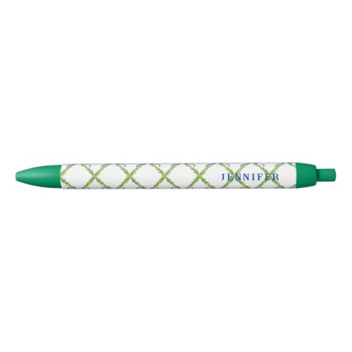 Grandmillennial Lattice with Blue Bow Personalized Black Ink Pen