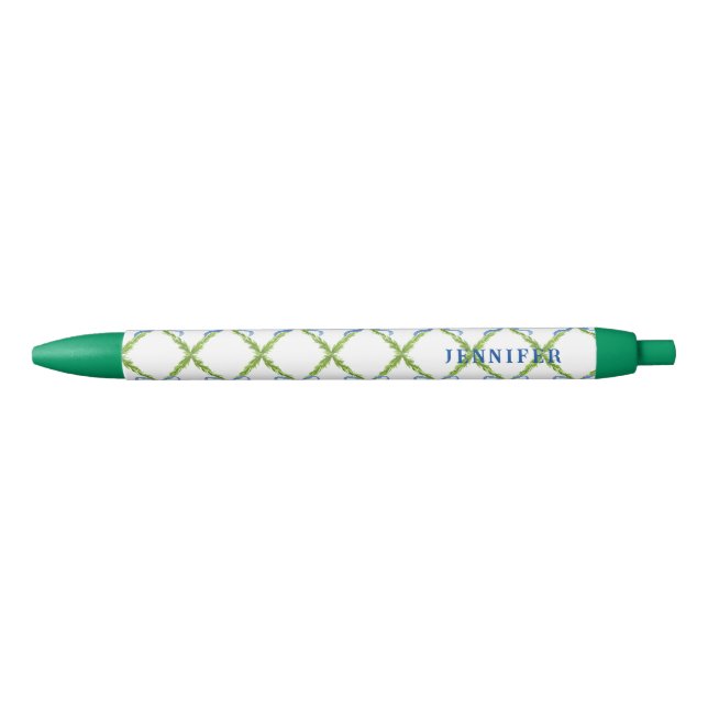 Grandmillennial Lattice with Blue Bow Personalized Pen (Front)