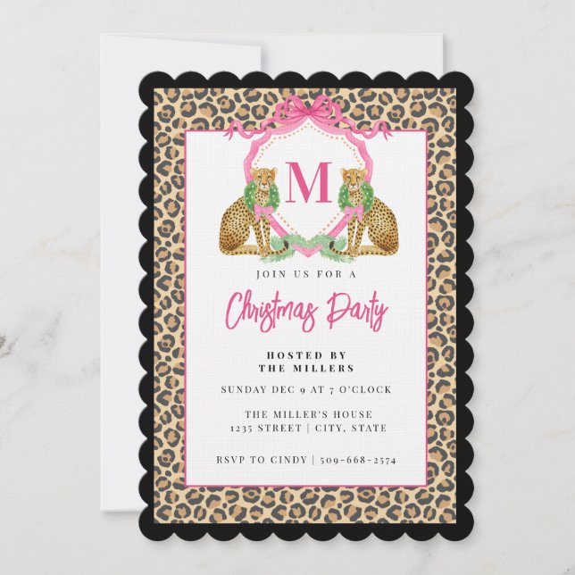 Grandmillennial Leopard Christmas Wreath Monogram Invitation (Front)