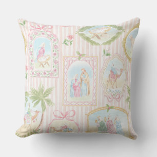 Grandmillennial Pastel Nativity Monogram Throw Pillow
