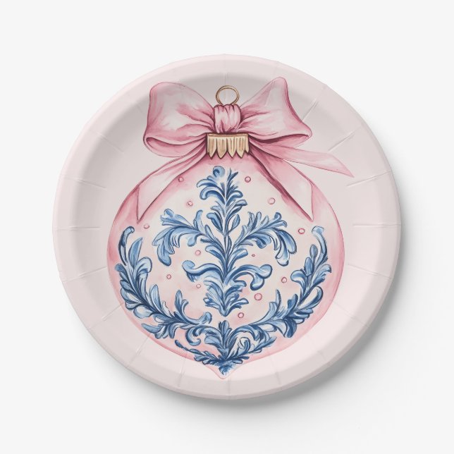 Grandmillennial Pink and Blue Damask Ornament Paper Plates (Front)
