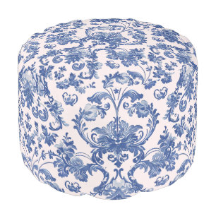 Grandmillennial Pink and Blue Damask Pouf