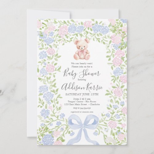 Grandmillennial pink  Bear baby shower invite
