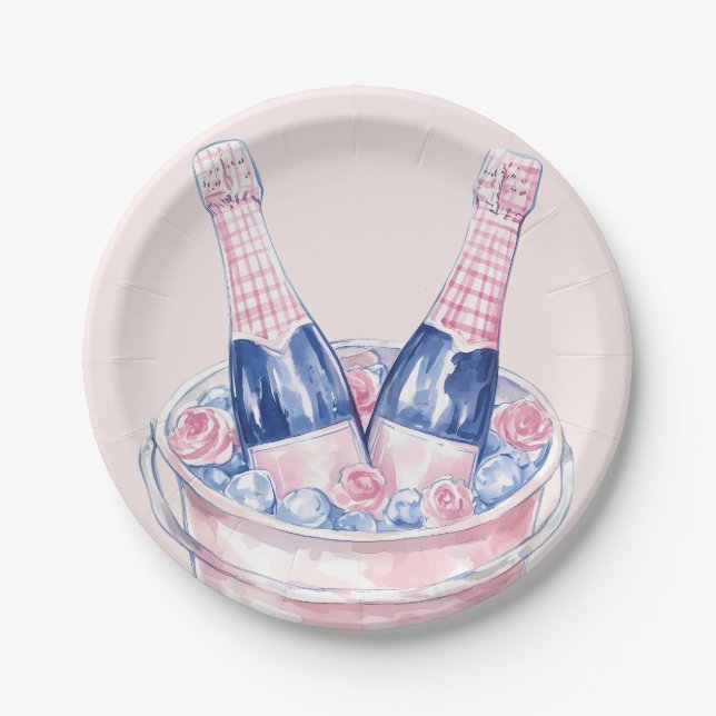 Grandmillennial Pink & Blue Champagne Paper Plates (Front)