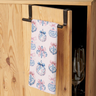Grandmillennial Pink & Blue Coquette Bow Ornaments Kitchen Towel
