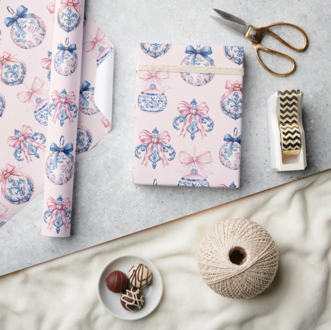 Grandmillennial Pink & Blue Coquette Bow Ornaments Wrapping Paper (Crafts)