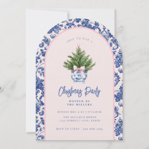 Grandmillennial Pink & Blue Damask Christmas Tree  Invitation