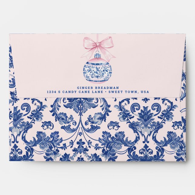 Grandmillennial Pink & Blue Damask Envelope (Back (Top Flap))