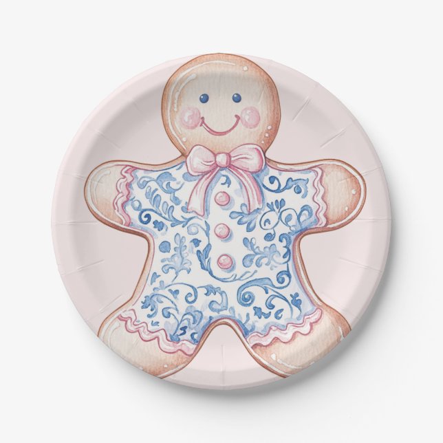 Grandmillennial Pink & Blue Damask Gingerbread Man Paper Plates (Front)