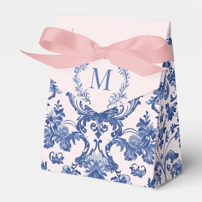 Grandmillennial Pink & Blue Damask Monogram Favor Boxes (Front Side)