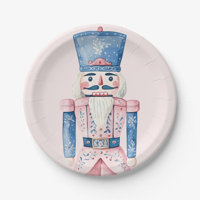 Grandmillennial Pink & Blue Damask Nutcracker Paper Plates (Front)