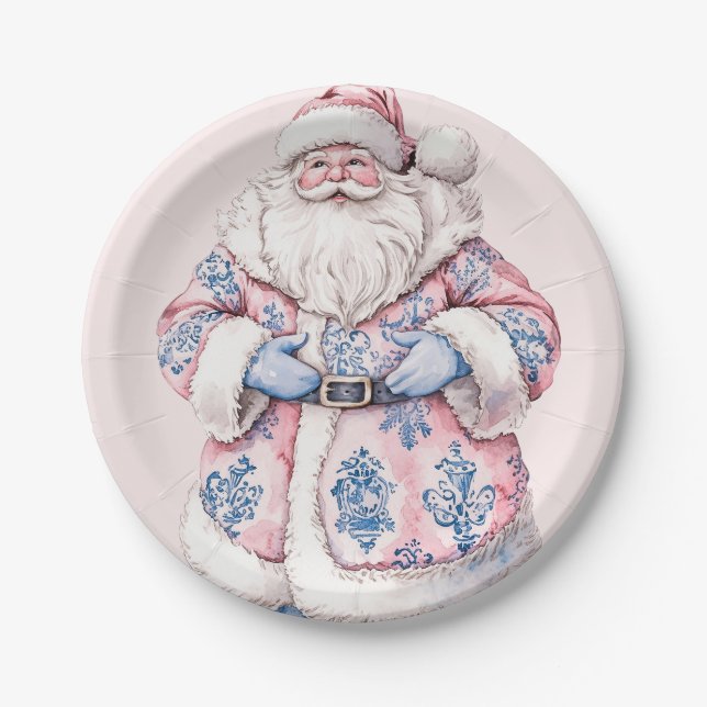 Grandmillennial Pink & Blue Damask Santa Claus Paper Plates (Front)